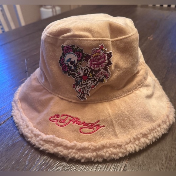 Ed Hardy Tan Bucket Hat with Sherpa And Embroidery